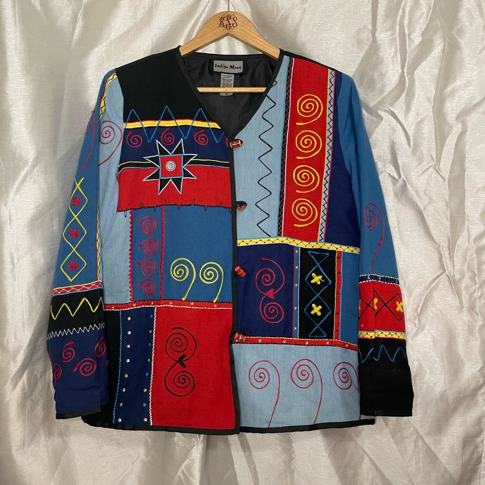 VTG 90’s Retro Indigo Moon Beaded Button Down Abstract Primary Color Blazer Top